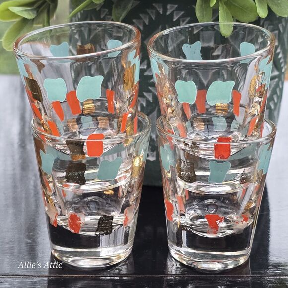 4 Vtg MCM Orange Gold Aqua Teal Blue Atomic Shot Glasses Cocktail Barware Set - Picture 1 of 5